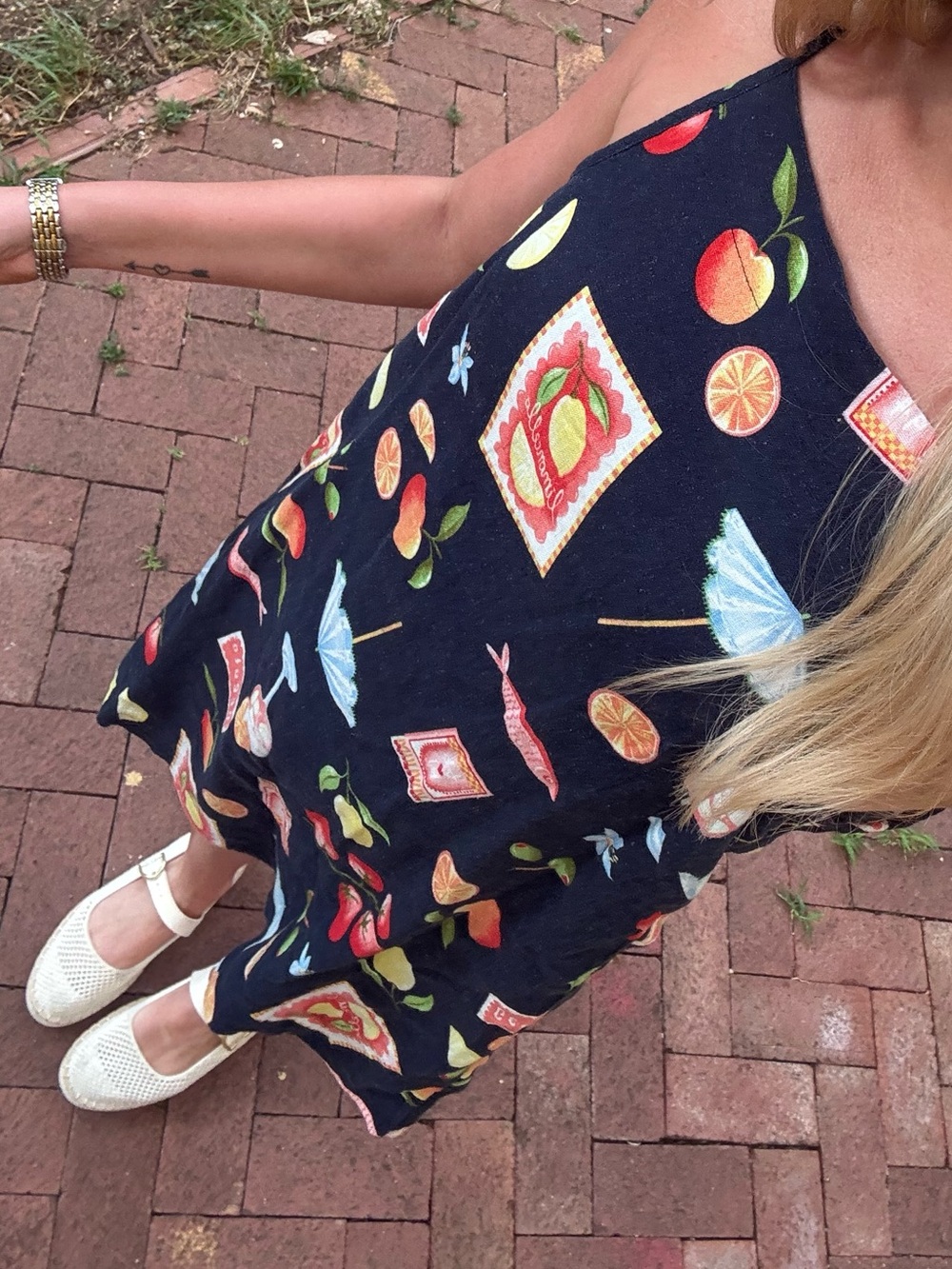 Old Navy Navy Mini Dress with Colorful Fruit & Umbrella Motif